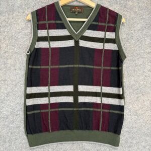 ETRO 100% Wool Sweater Vest Womens XL Windowpane Plaid Red‎ Green Knit Designer
